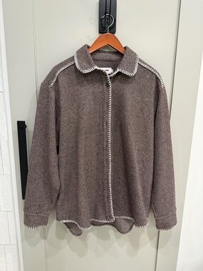 Still Here Wool Textured Brown Button-Front Shacket with Contrast Trim